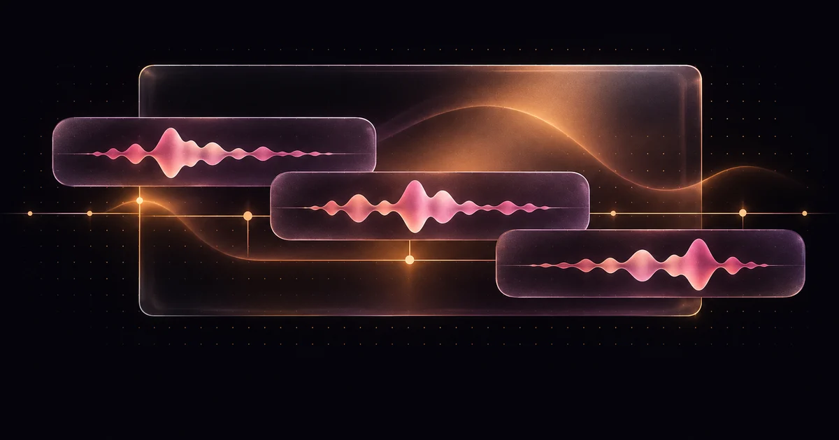 Three rose audio-wave strips arranged on an amber timeline in front of a translucent video frame