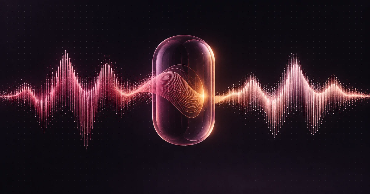 Rose and amber sound waves passing through a translucent plum capsule, illustrating a reference voice becoming new speech